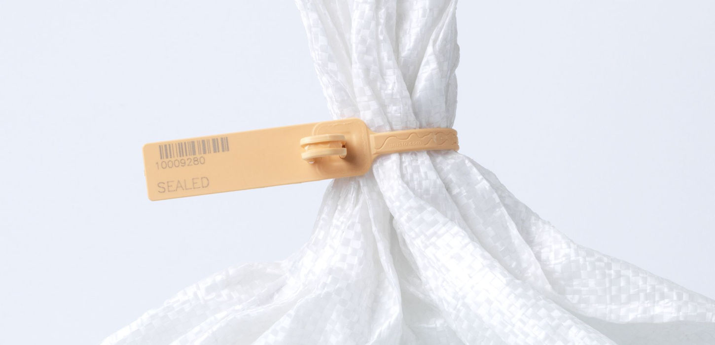 Unisto Twinstar eco pull-tight security seal applied to a bag