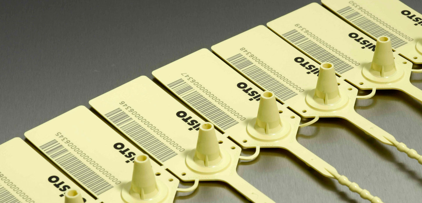 Ten Unisto Variflex adjustable security seals in a mat
