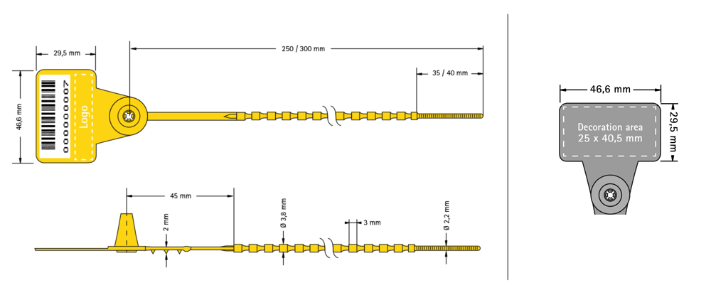 Unisto Modular pull-tight security seal with dimensions