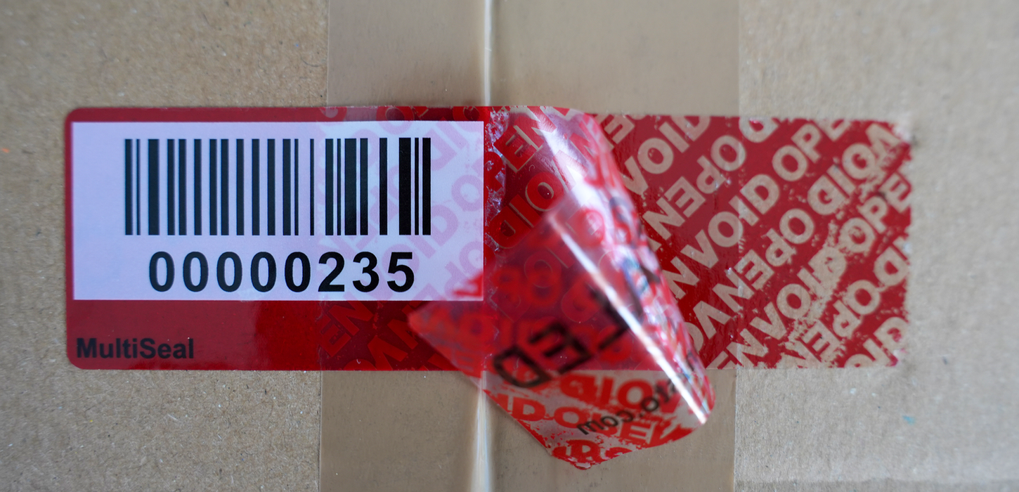 Unisto Multiseal permanent tamper-evident security label applied to a box