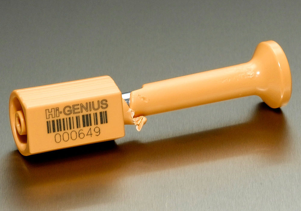 Unisto Hi-Genius ISO 17712 high-security bolt seal lying flat